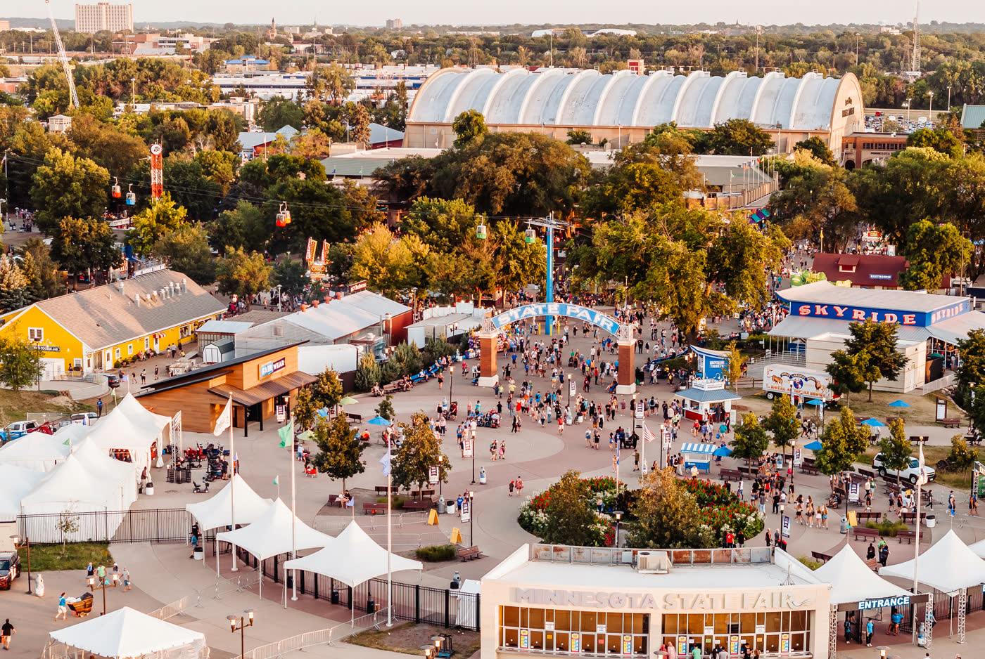 Aerial view of Gate 16 and the Streetcar Arch on the Minnesota State Fairgrounds.